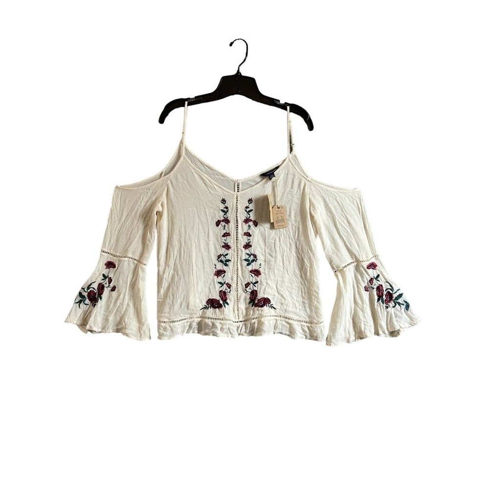 Y2K American Eagle Embroidered￼ Woman Shirt Med Off The Shoulder-Hippie Bell Arm